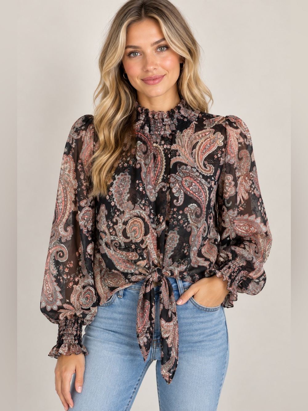 Charmed Hearts Paisley Ruffle Blouse Size S Black Pink Tie Front Sheer